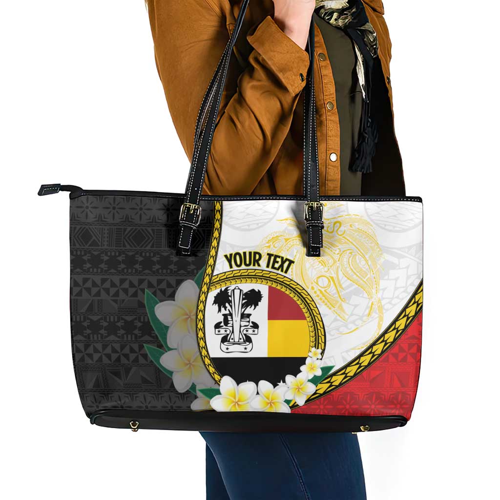 Personalised PNG Madang Provins Leather Tote Bag Papua New Guinea Plumeria Melanesian Pattern - Polynesian Pride