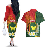 Personalised PNG Oro Provins Couples Matching Off The Shoulder Long Sleeve Dress and Hawaiian Shirt Papua New Guinea Plumeria Melanesian Pattern - Polynesian Pride