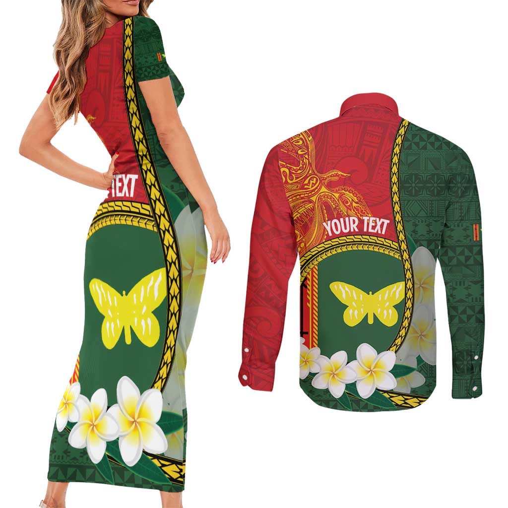 Personalised PNG Oro Provins Couples Matching Short Sleeve Bodycon Dress and Long Sleeve Button Shirt Papua New Guinea Plumeria Melanesian Pattern - Polynesian Pride