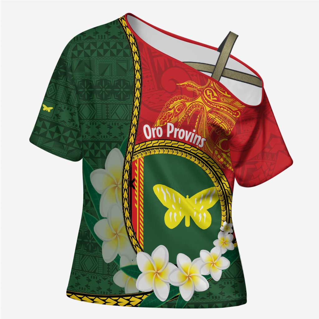 Personalised PNG Oro Provins Cross Shoulder Shirt Papua New Guinea Plumeria Melanesian Pattern - Polynesian Pride