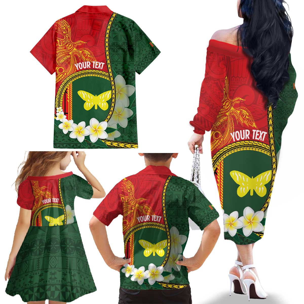 Personalised PNG Oro Provins Family Matching Off The Shoulder Long Sleeve Dress and Hawaiian Shirt Papua New Guinea Plumeria Melanesian Pattern - Polynesian Pride