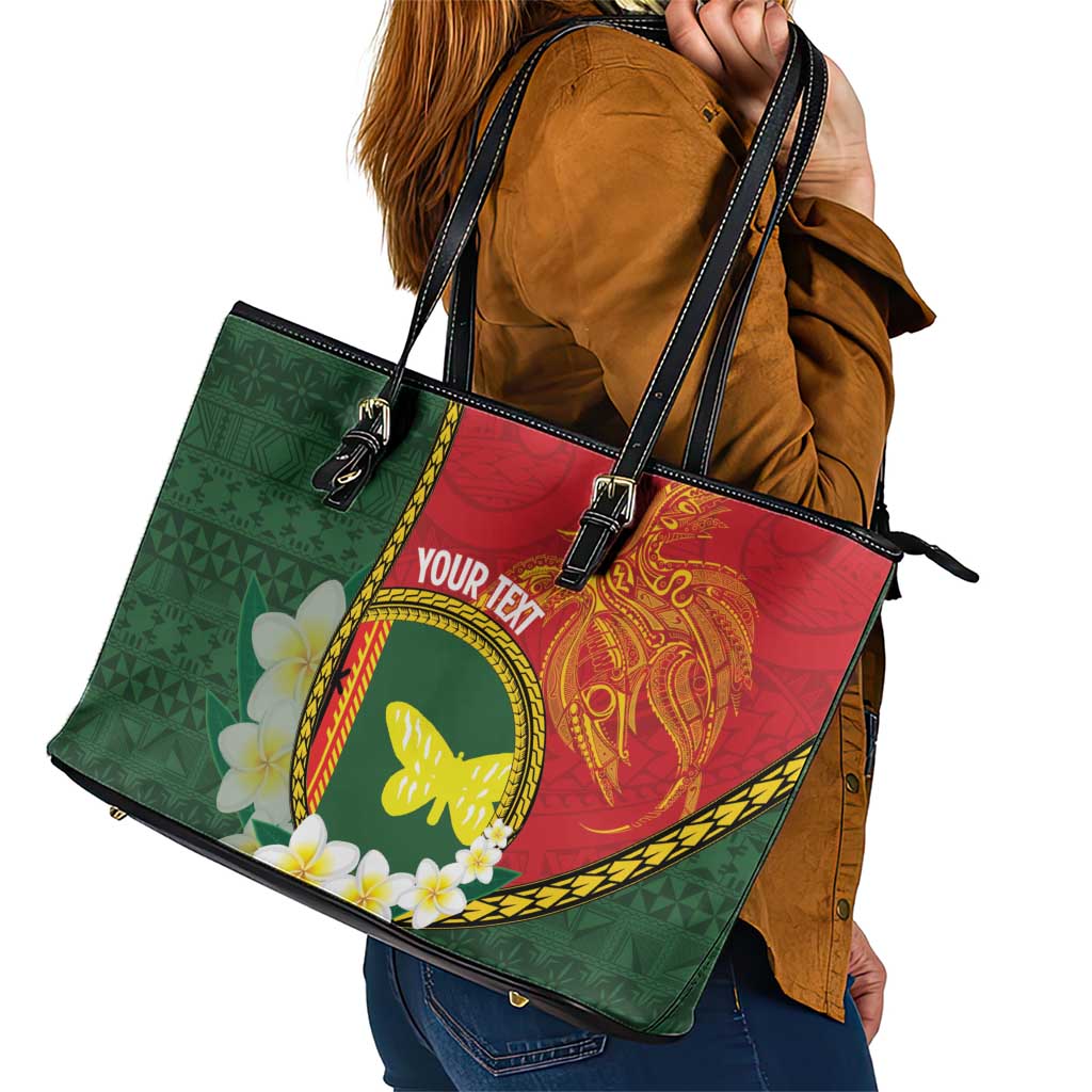 Personalised PNG Oro Provins Leather Tote Bag Papua New Guinea Plumeria Melanesian Pattern - Polynesian Pride