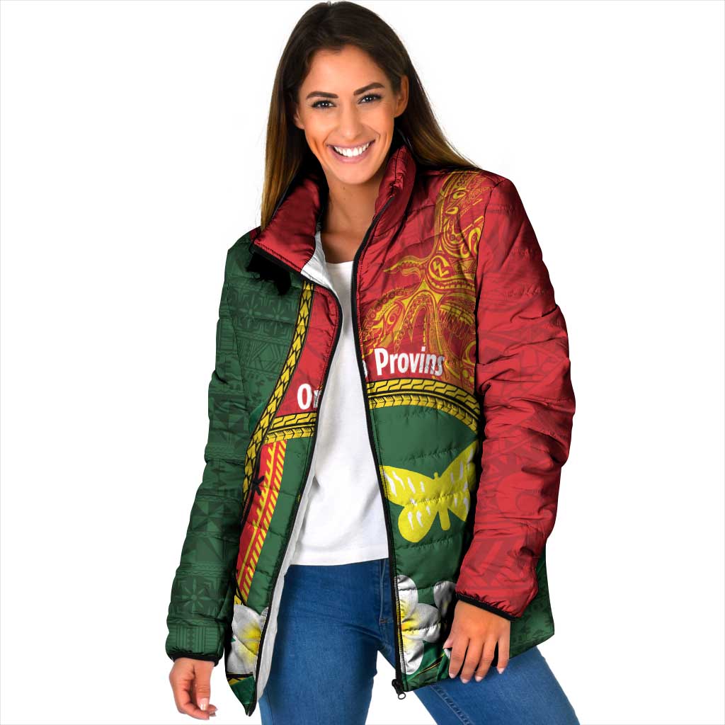 Personalised PNG Oro Provins Padded Jacket Papua New Guinea Plumeria Melanesian Pattern - Polynesian Pride