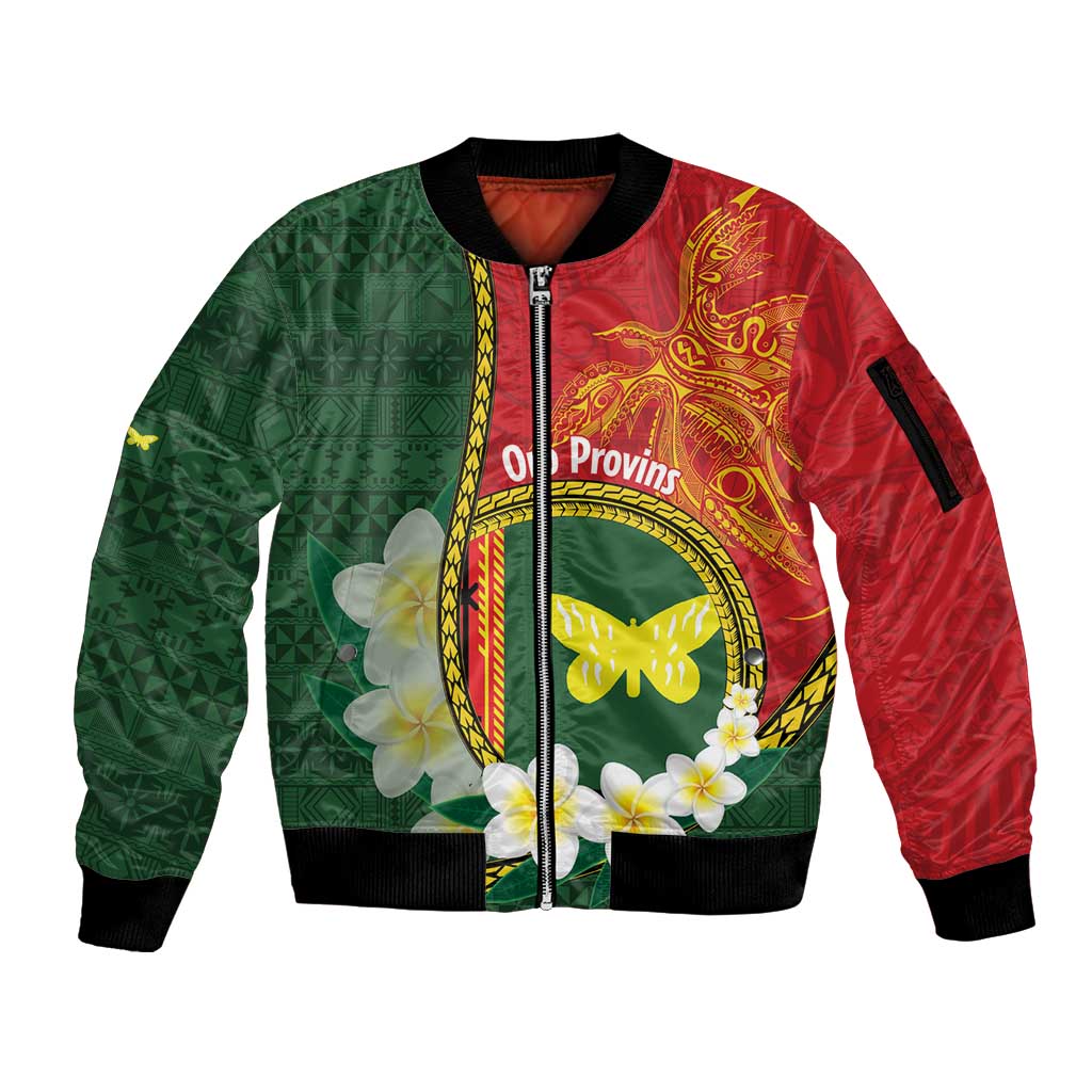 Personalised PNG Oro Provins Sleeve Zip Bomber Jacket Papua New Guinea Plumeria Melanesian Pattern - Polynesian Pride