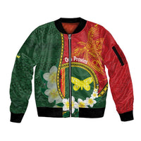 Personalised PNG Oro Provins Sleeve Zip Bomber Jacket Papua New Guinea Plumeria Melanesian Pattern - Polynesian Pride