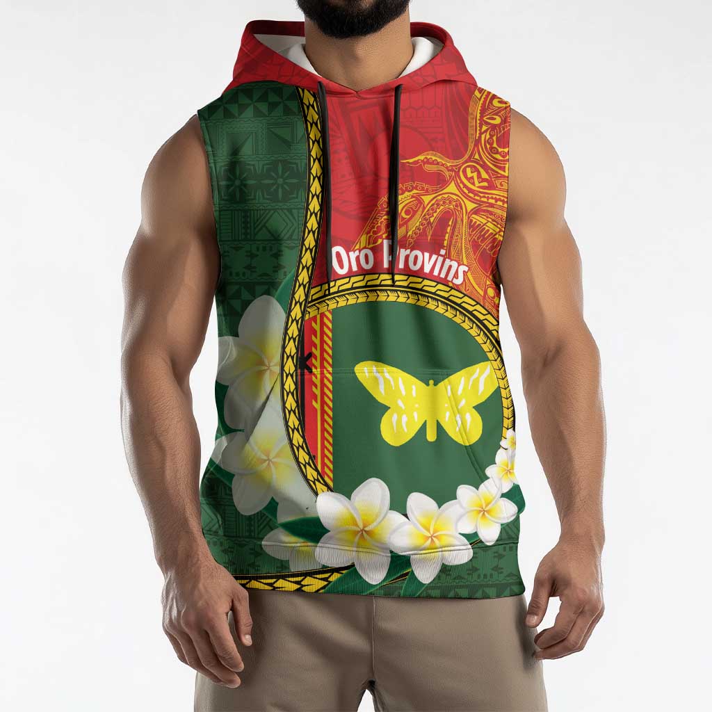 Personalised PNG Oro Provins Sleeveless Hoodie Papua New Guinea Plumeria Melanesian Pattern - Polynesian Pride