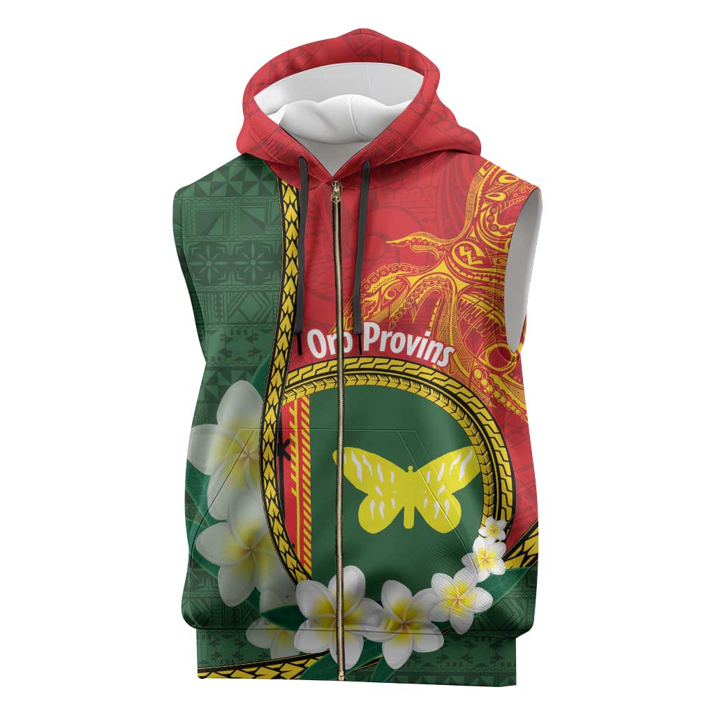 Personalised PNG Oro Provins Sleeveless Zip Hoodie Papua New Guinea Plumeria Melanesian Pattern - Polynesian Pride