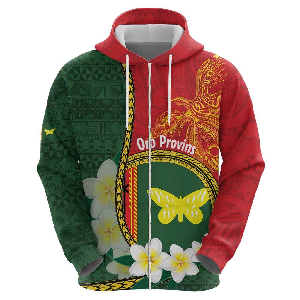Personalised PNG Oro Provins Zip Hoodie Papua New Guinea Plumeria Melanesian Pattern - Polynesian Pride