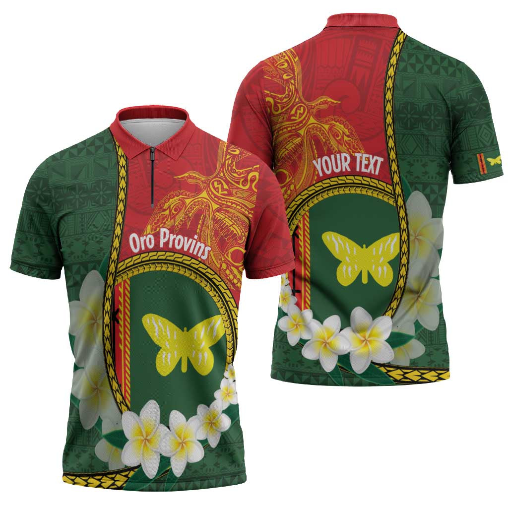 Personalised PNG Oro Provins Zipper Polo Shirt Papua New Guinea Plumeria Melanesian Pattern - Polynesian Pride