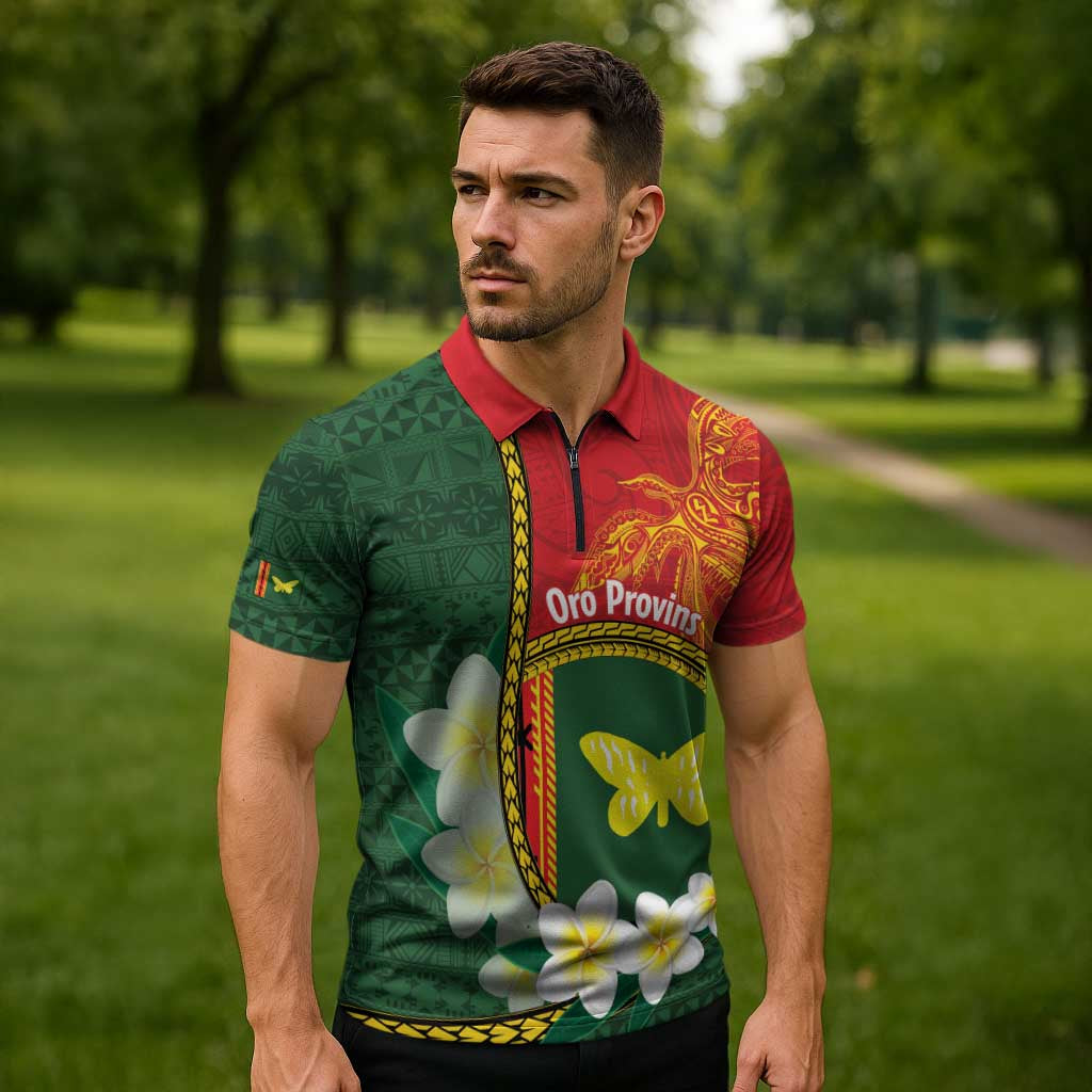 Personalised PNG Oro Provins Zipper Polo Shirt Papua New Guinea Plumeria Melanesian Pattern - Polynesian Pride