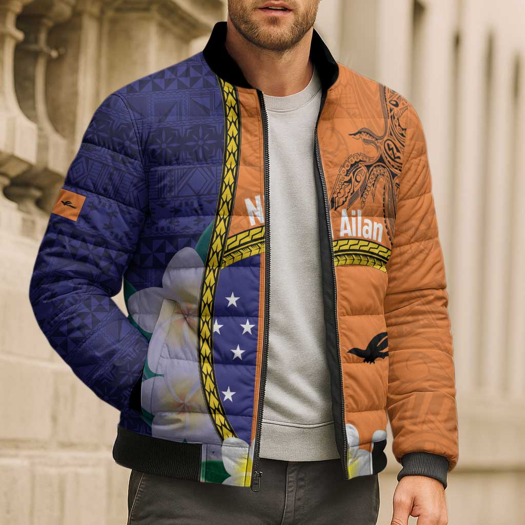 Personalised PNG Niu Ailan Bomber Puffer Jacket Papua New Guinea Plumeria Melanesian Pattern - Polynesian Pride