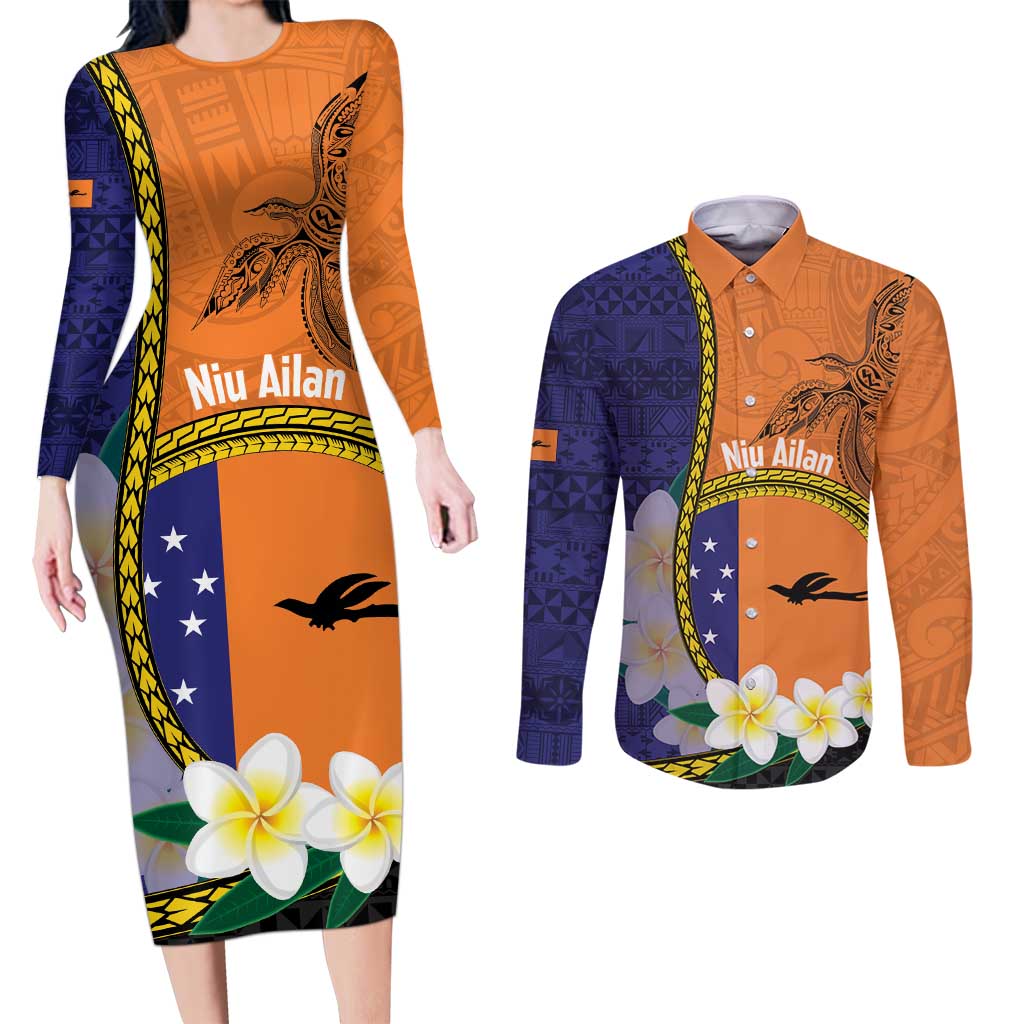 Personalised PNG Niu Ailan Couples Matching Long Sleeve Bodycon Dress and Long Sleeve Button Shirt Papua New Guinea Plumeria Melanesian Pattern - Polynesian Pride