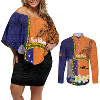 Personalised PNG Niu Ailan Couples Matching Off Shoulder Short Dress and Long Sleeve Button Shirt Papua New Guinea Plumeria Melanesian Pattern - Polynesian Pride