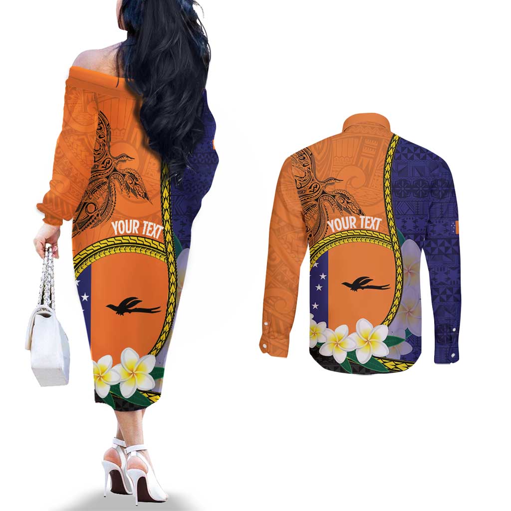 Personalised PNG Niu Ailan Couples Matching Off The Shoulder Long Sleeve Dress and Long Sleeve Button Shirt Papua New Guinea Plumeria Melanesian Pattern - Polynesian Pride