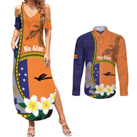 Personalised PNG Niu Ailan Couples Matching Summer Maxi Dress and Long Sleeve Button Shirt Papua New Guinea Plumeria Melanesian Pattern - Polynesian Pride
