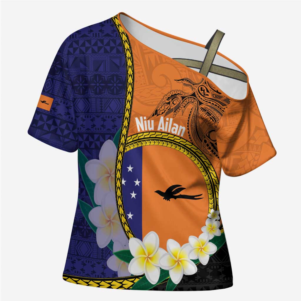 Personalised PNG Niu Ailan Cross Shoulder Shirt Papua New Guinea Plumeria Melanesian Pattern - Polynesian Pride