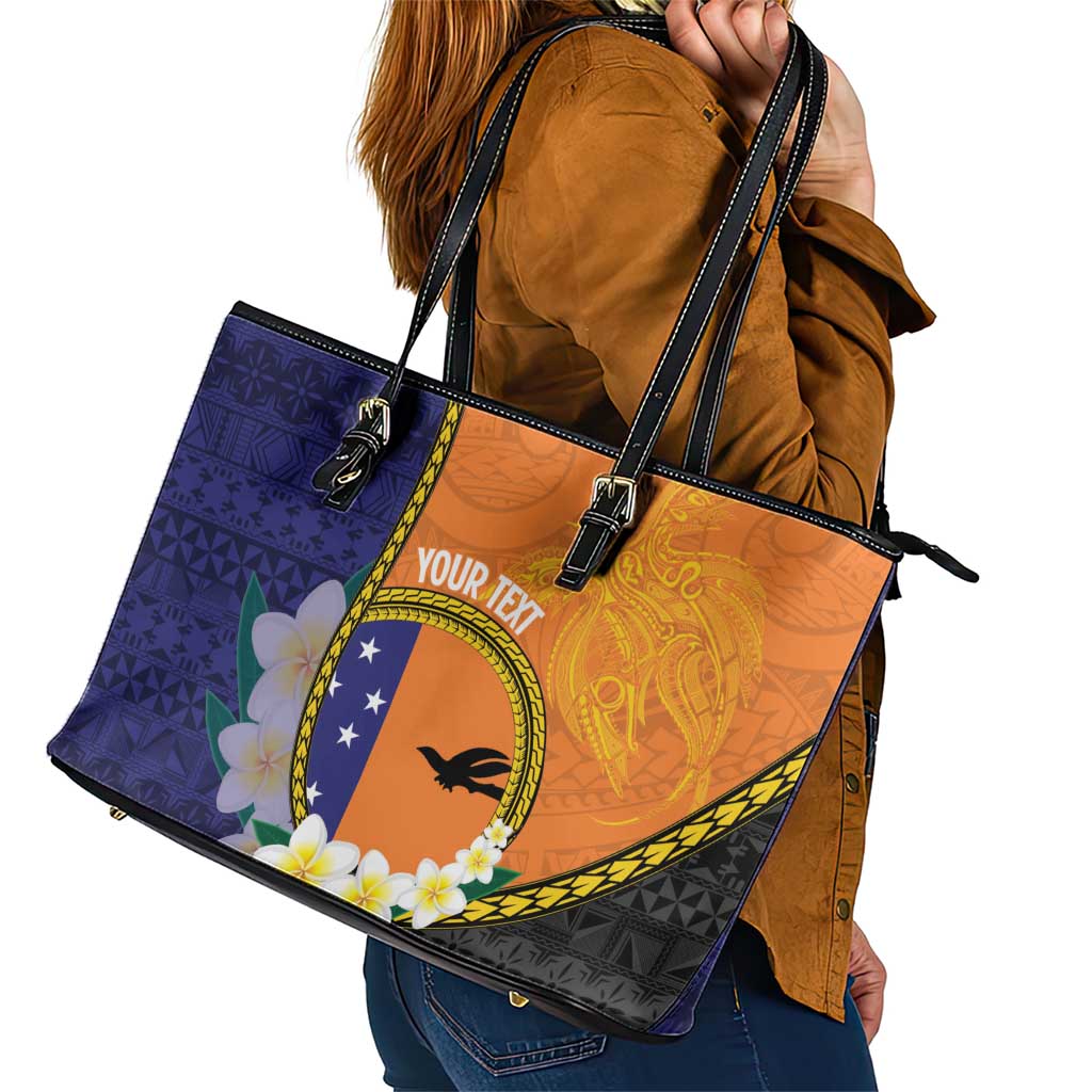 Personalised PNG Niu Ailan Leather Tote Bag Papua New Guinea Plumeria Melanesian Pattern - Polynesian Pride