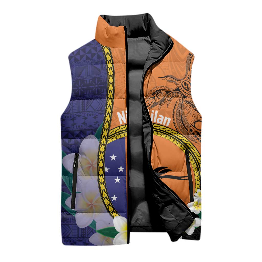 Personalised PNG Niu Ailan Sleeveless Puffer Jacket Papua New Guinea Plumeria Melanesian Pattern - Polynesian Pride