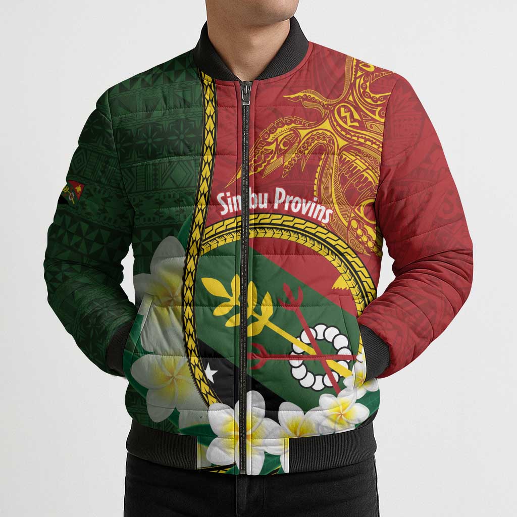 Personalised PNG Simbu Provins Bomber Puffer Jacket Papua New Guinea Plumeria Melanesian Pattern - Polynesian Pride