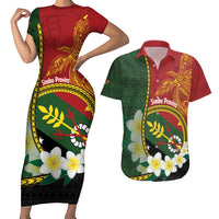 Personalised PNG Simbu Provins Couples Matching Short Sleeve Bodycon Dress and Hawaiian Shirt Papua New Guinea Plumeria Melanesian Pattern LT14 Green - Polynesian Pride