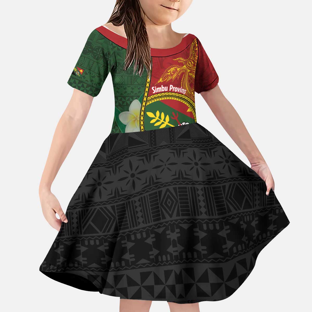Personalised PNG Simbu Provins Kid Short Sleeve Dress Papua New Guinea Plumeria Melanesian Pattern - Polynesian Pride