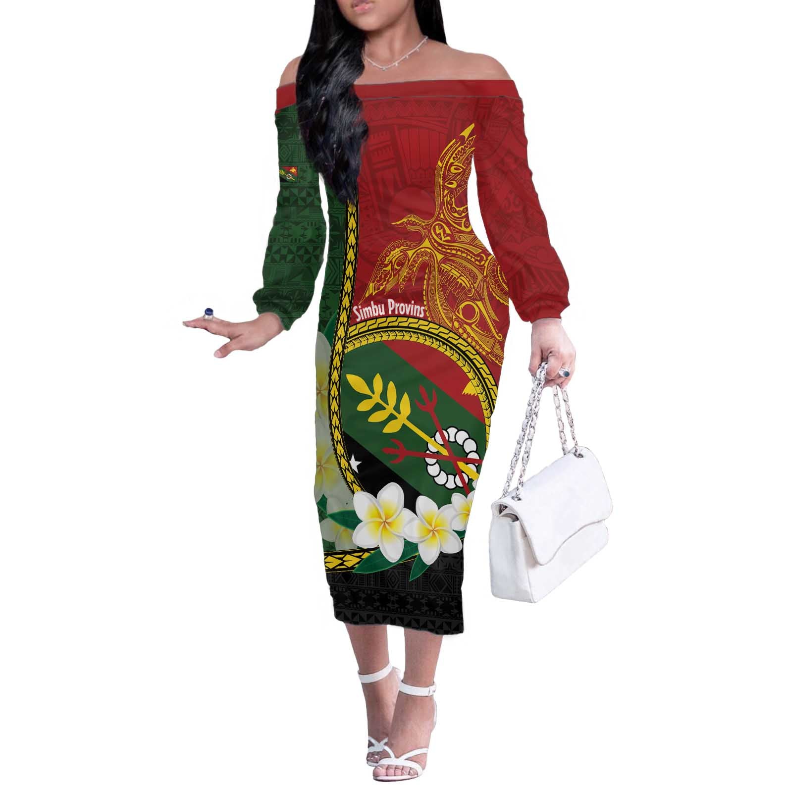 Personalised PNG Simbu Provins Off The Shoulder Long Sleeve Dress Papua New Guinea Plumeria Melanesian Pattern - Polynesian Pride