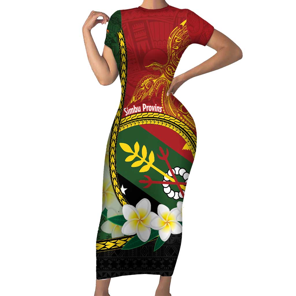 Personalised PNG Simbu Provins Short Sleeve Bodycon Dress Papua New Guinea Plumeria Melanesian Pattern - Polynesian Pride