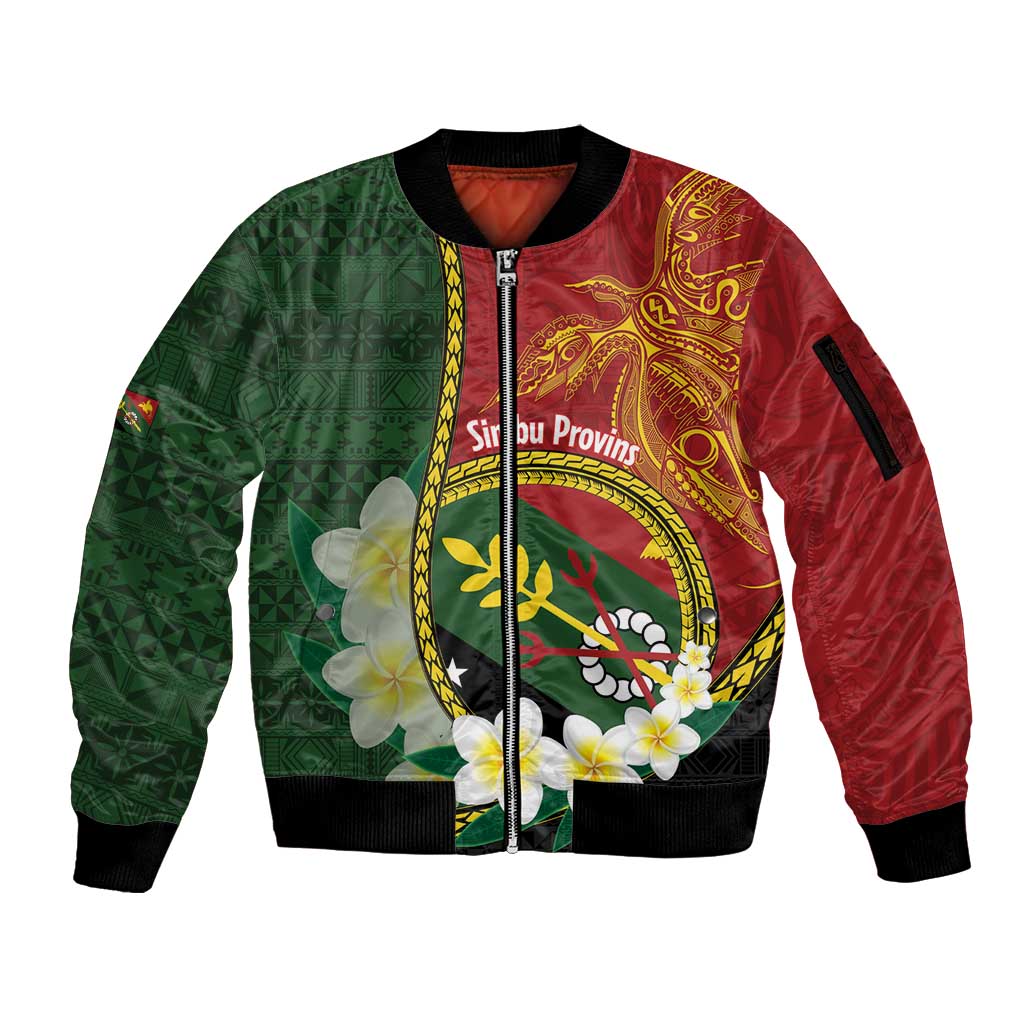 Personalised PNG Simbu Provins Sleeve Zip Bomber Jacket Papua New Guinea Plumeria Melanesian Pattern - Polynesian Pride