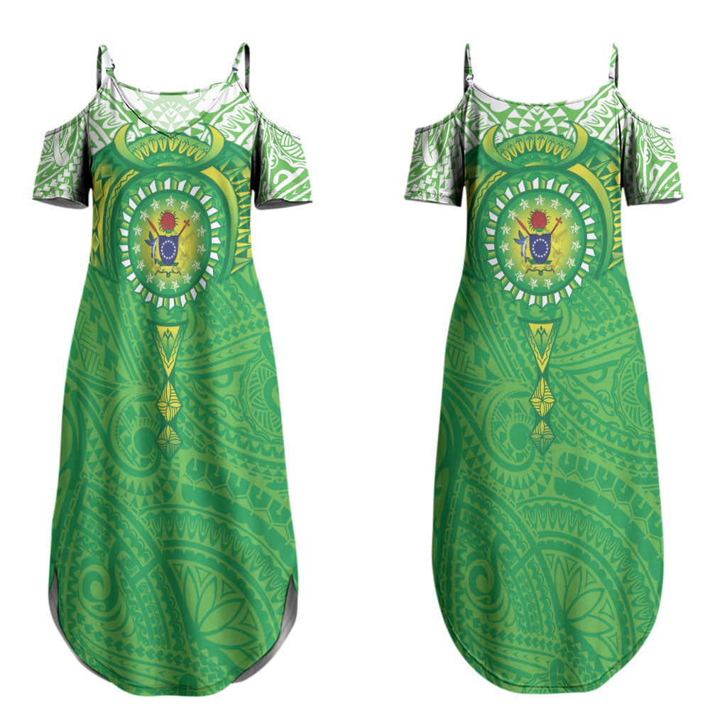 Cook Islands Manta Ray Couples Matching Summer Maxi Dress and Long Sleeve Button Shirt Kuki Airani Tattoo Green Color LT14 - Polynesian Pride