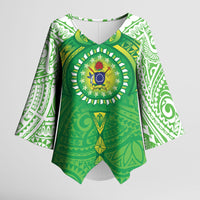 Cook Islands Manta Ray Kimono Sleeve Blouse Kuki Airani Tattoo Green Color LT14 Female Green - Polynesian Pride