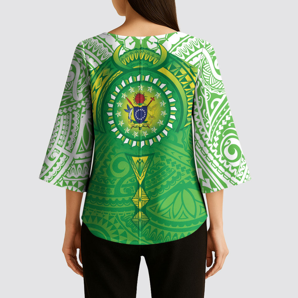 Cook Islands Manta Ray Kimono Sleeve Blouse Kuki Airani Tattoo Green Color LT14 - Polynesian Pride