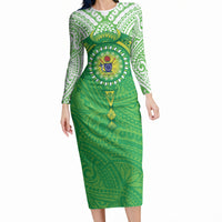 Cook Islands Manta Ray Long Sleeve Bodycon Dress Kuki Airani Tattoo Green Color LT14 Long Dress Green - Polynesian Pride