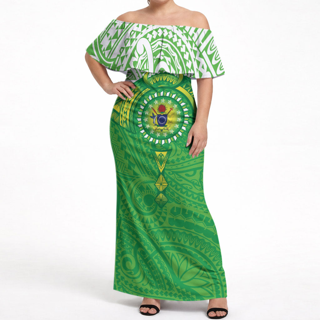 Cook Islands Manta Ray Off Shoulder Maxi Dress Kuki Airani Tattoo Green Color LT14 Women Green - Polynesian Pride