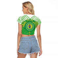 Cook Islands Manta Ray Raglan Cropped T Shirt Kuki Airani Tattoo Green Color LT14 - Polynesian Pride