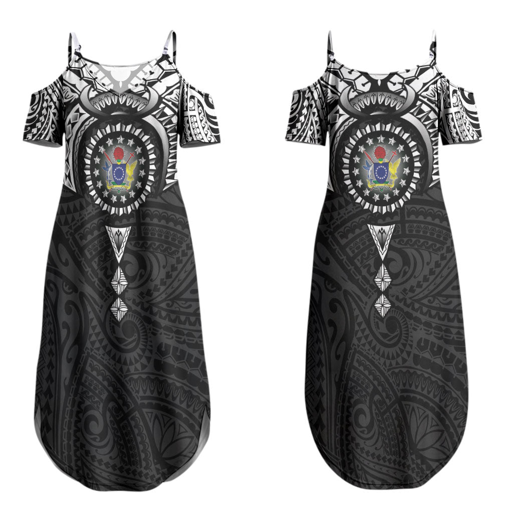 Cook Islands Manta Ray Couples Matching Summer Maxi Dress and Long Sleeve Button Shirt Kuki Airani Tattoo Black Color LT14 - Polynesian Pride