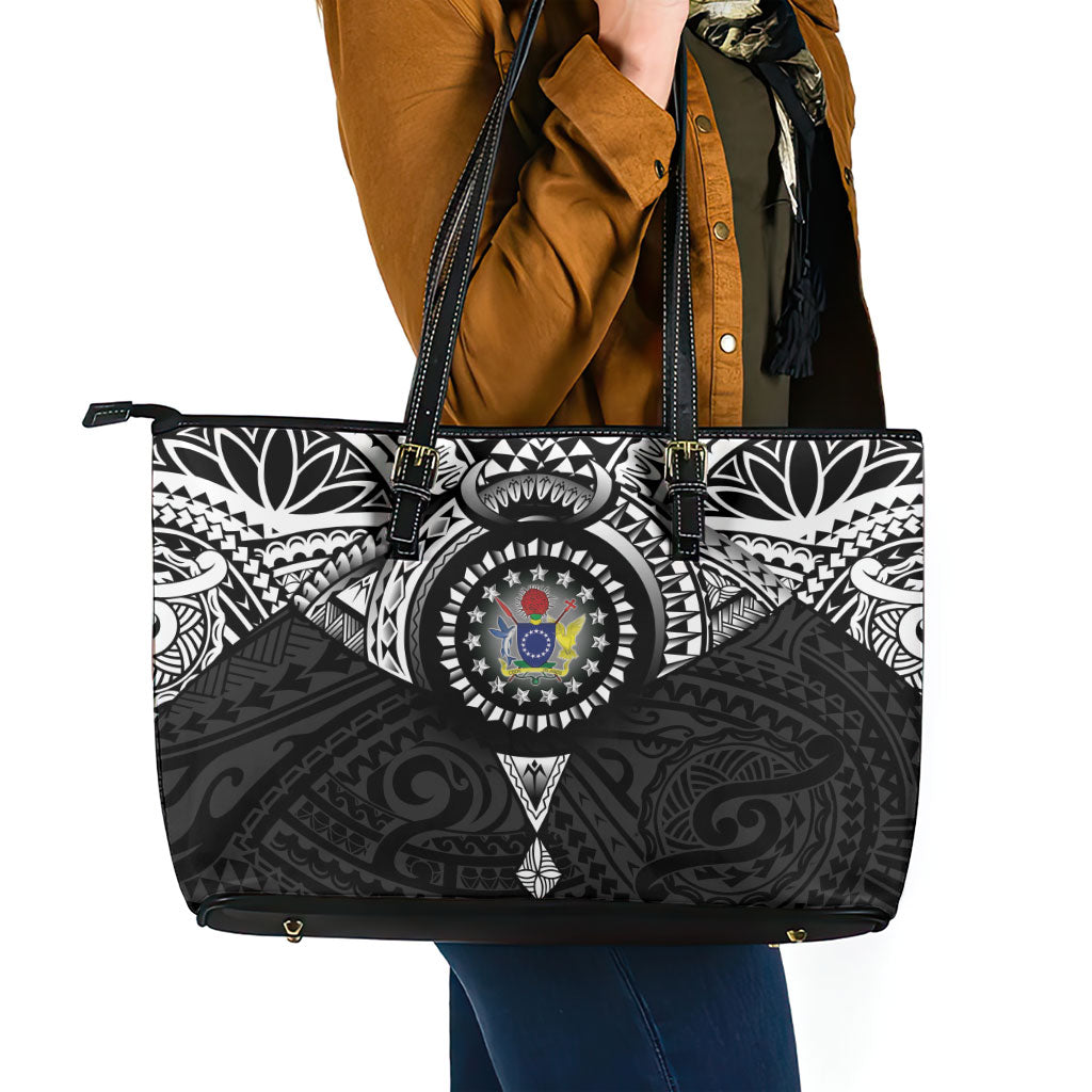 Cook Islands Manta Ray Leather Tote Bag Kuki Airani Tattoo Black Color LT14 - Polynesian Pride