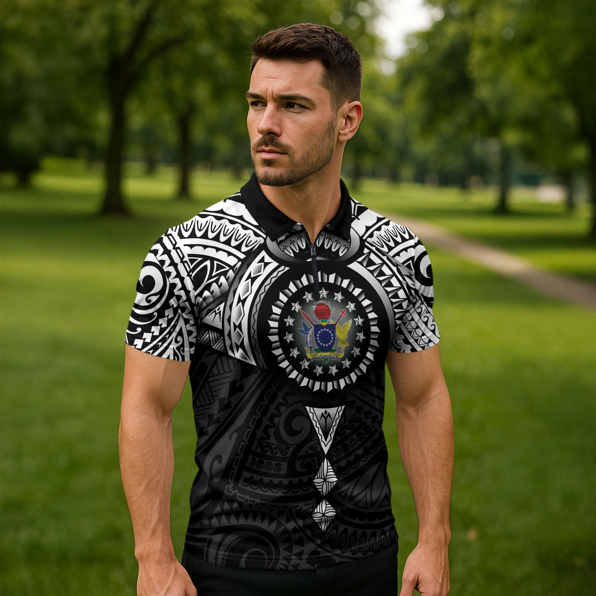 Cook Islands Manta Ray Zipper Polo Shirt Kuki Airani Tattoo Black Color LT14 - Polynesian Pride