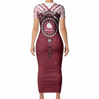 Personalised Cook Islands Mangaia Short Sleeve Bodycon Dress Map With Kuki Airani Manta Ray Tattoo LT14 - Polynesian Pride