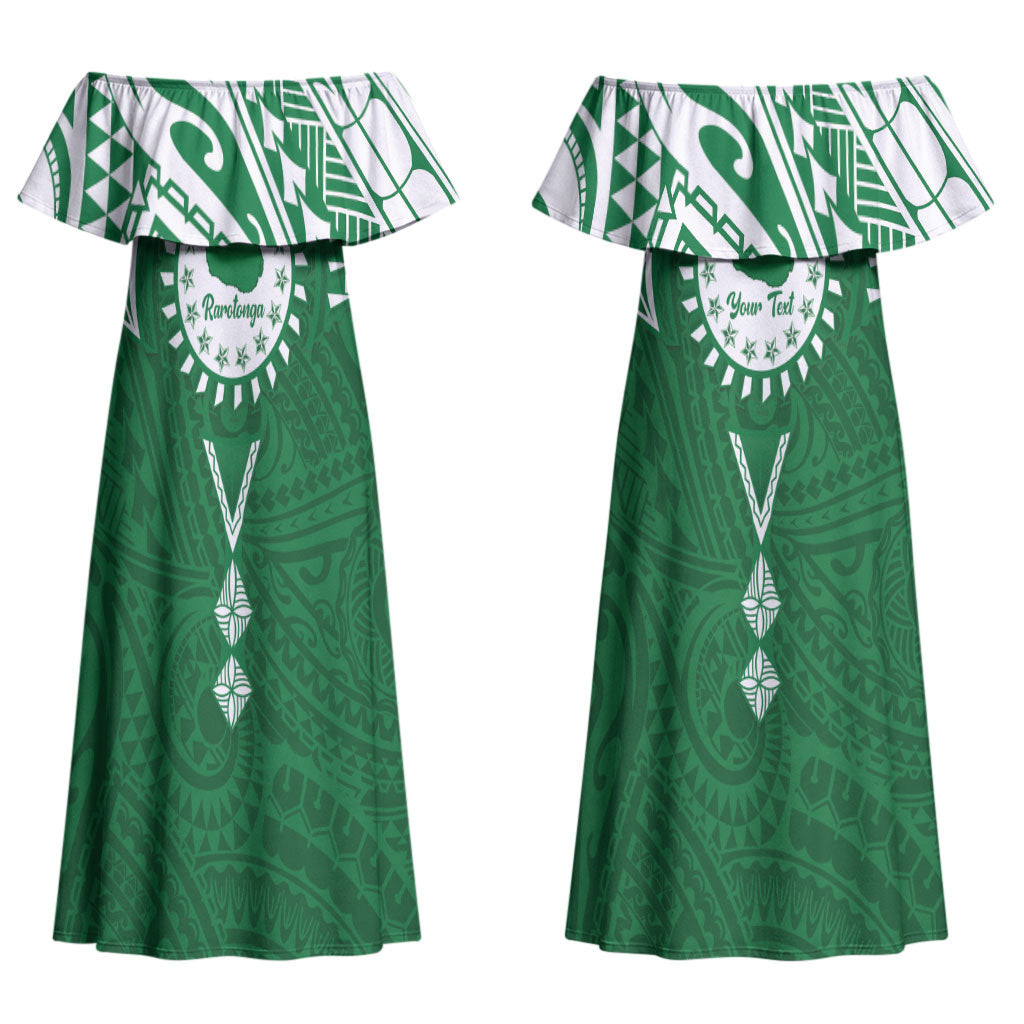 Personalised Cook Islands Rarotonga Couples Matching Off Shoulder Maxi Dress and Long Sleeve Button Shirt Map With Kuki Airani Manta Ray Tattoo LT14 - Polynesian Pride