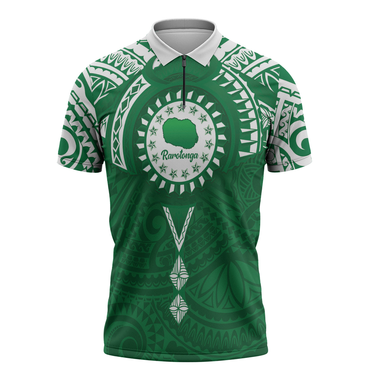 Personalised Cook Islands Rarotonga Zipper Polo Shirt Map With Kuki Airani Manta Ray Tattoo LT14 Green - Polynesian Pride