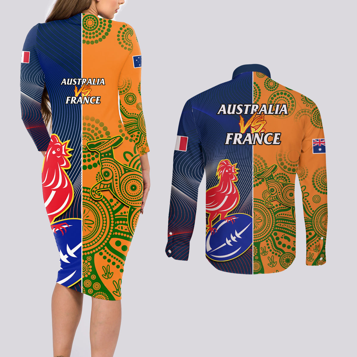 France And Australia Rugby Couples Matching Long Sleeve Bodycon Dress and Long Sleeve Button Shirts 2023 World Cup Le Bleus Wallabies Together LT14 - Polynesian Pride