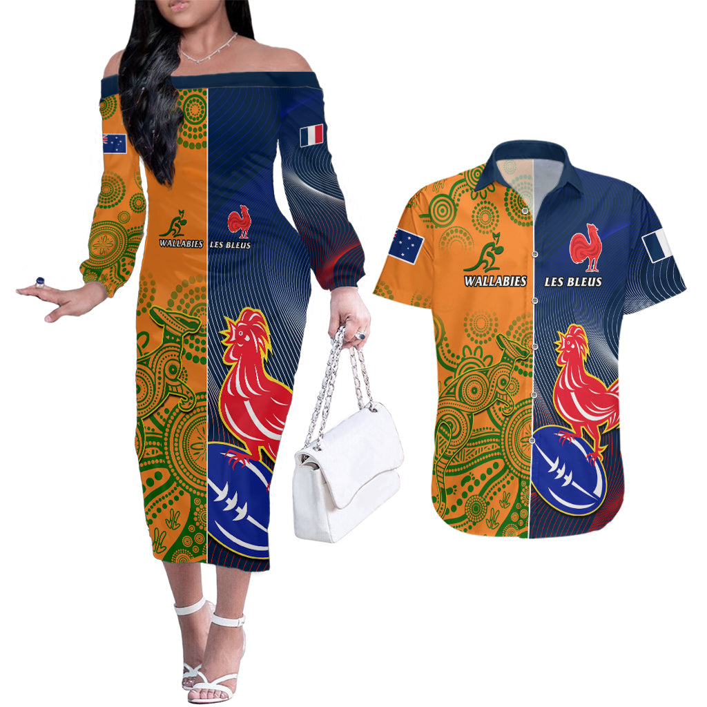 France And Australia Rugby Couples Matching Off The Shoulder Long Sleeve Dress and Hawaiian Shirt 2023 World Cup Le Bleus Wallabies Together LT14 Gold - Polynesian Pride