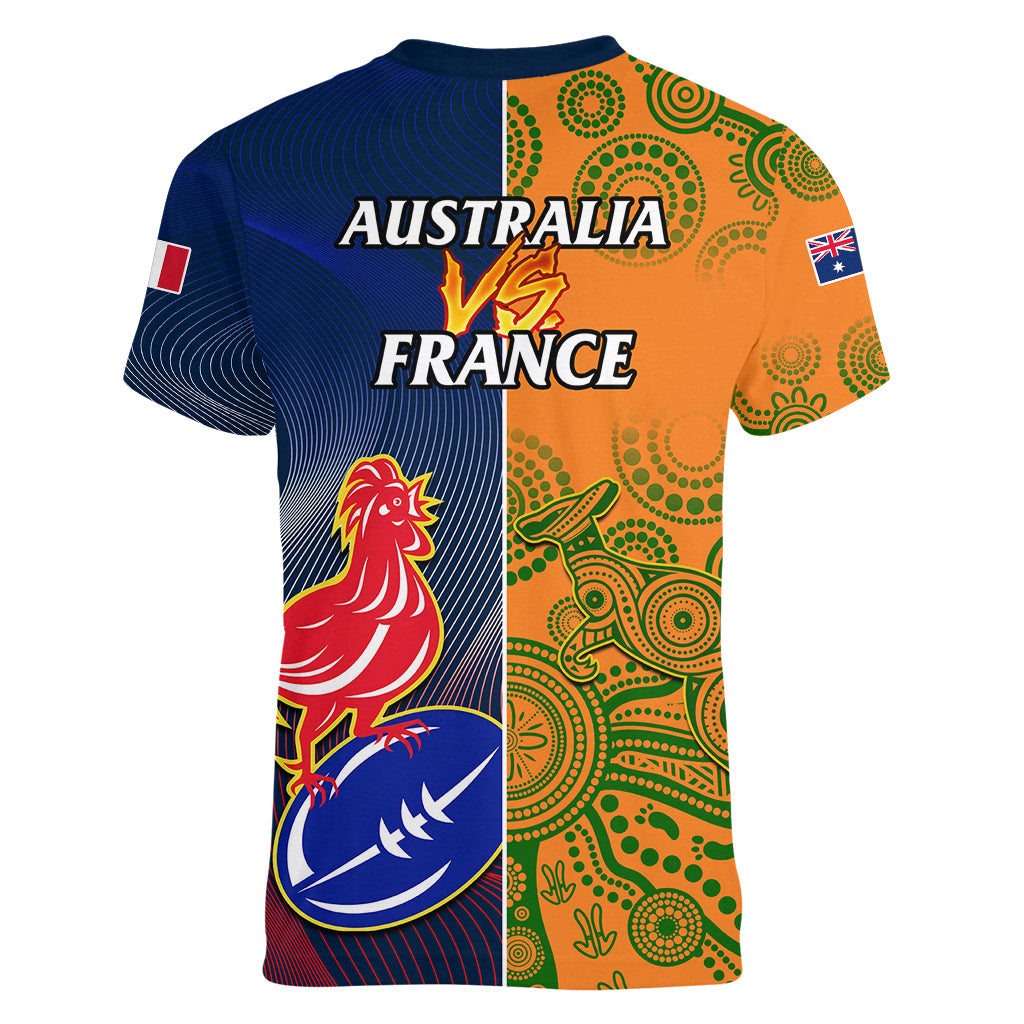 France And Australia Rugby Women V Neck T Shirt 2023 World Cup Le Bleus Wallabies Together LT14 - Polynesian Pride