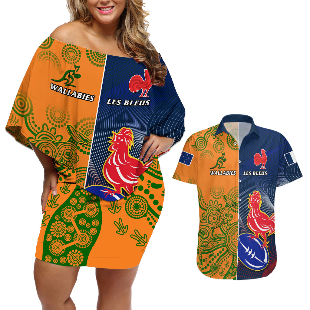 Custom France And Australia Rugby Couples Matching Off Shoulder Short Dress and Hawaiian Shirt 2023 World Cup Le Bleus Wallabies Together LT14 Gold - Polynesian Pride