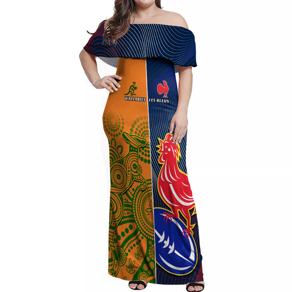 Custom France And Australia Rugby Off Shoulder Maxi Dress 2023 World Cup Le Bleus Wallabies Together LT14 Women Gold - Polynesian Pride