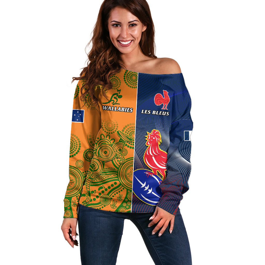 Custom France And Australia Rugby Off Shoulder Sweater 2023 World Cup Le Bleus Wallabies Together LT14 Women Gold - Polynesian Pride