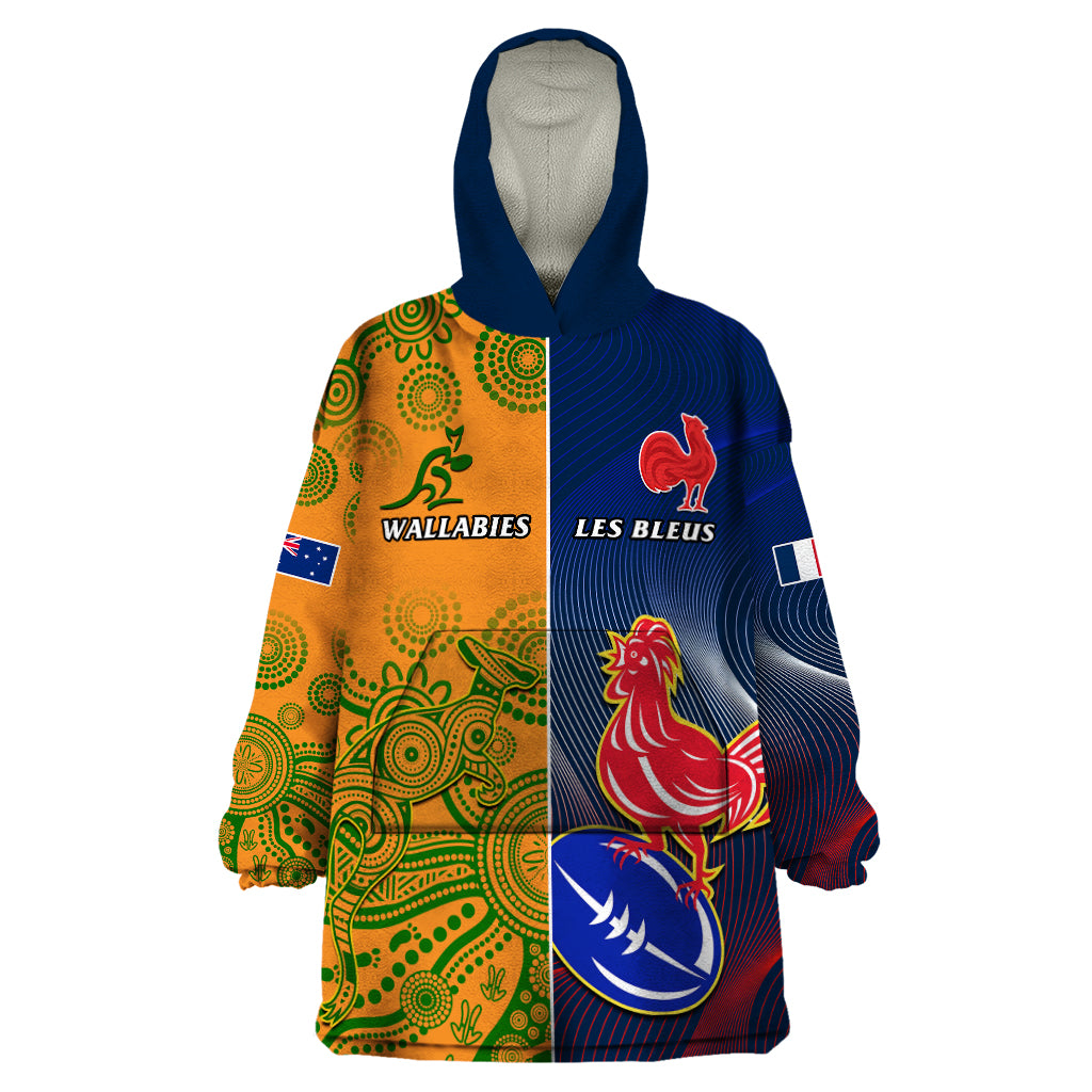 Custom France And Australia Rugby Wearable Blanket Hoodie 2023 World Cup Le Bleus Wallabies Together LT14 One Size Gold - Polynesian Pride