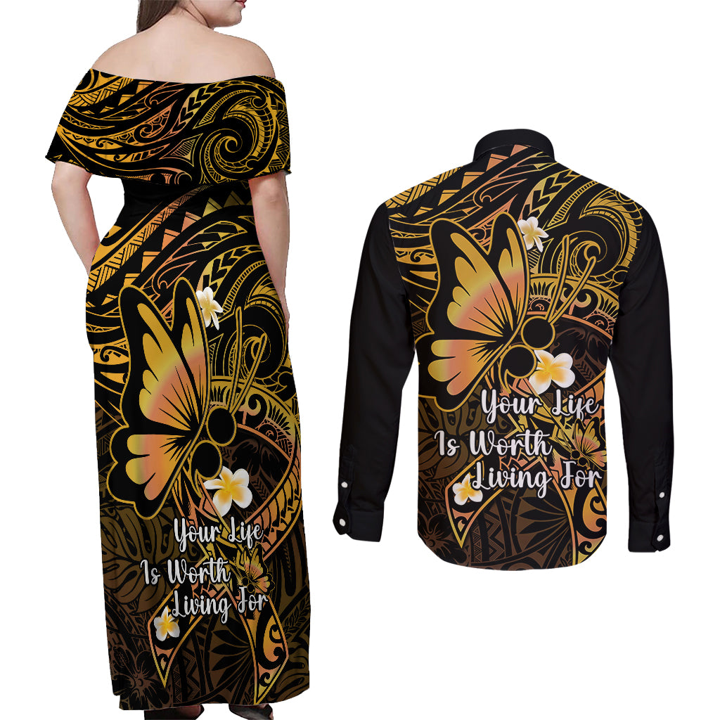 Polynesia Suicide Prevention Awareness Couples Matching Off Shoulder Maxi Dress and Long Sleeve Button Shirts Your Life Is Worth Living For Polynesian Gold Pattern LT14 - Polynesian Pride