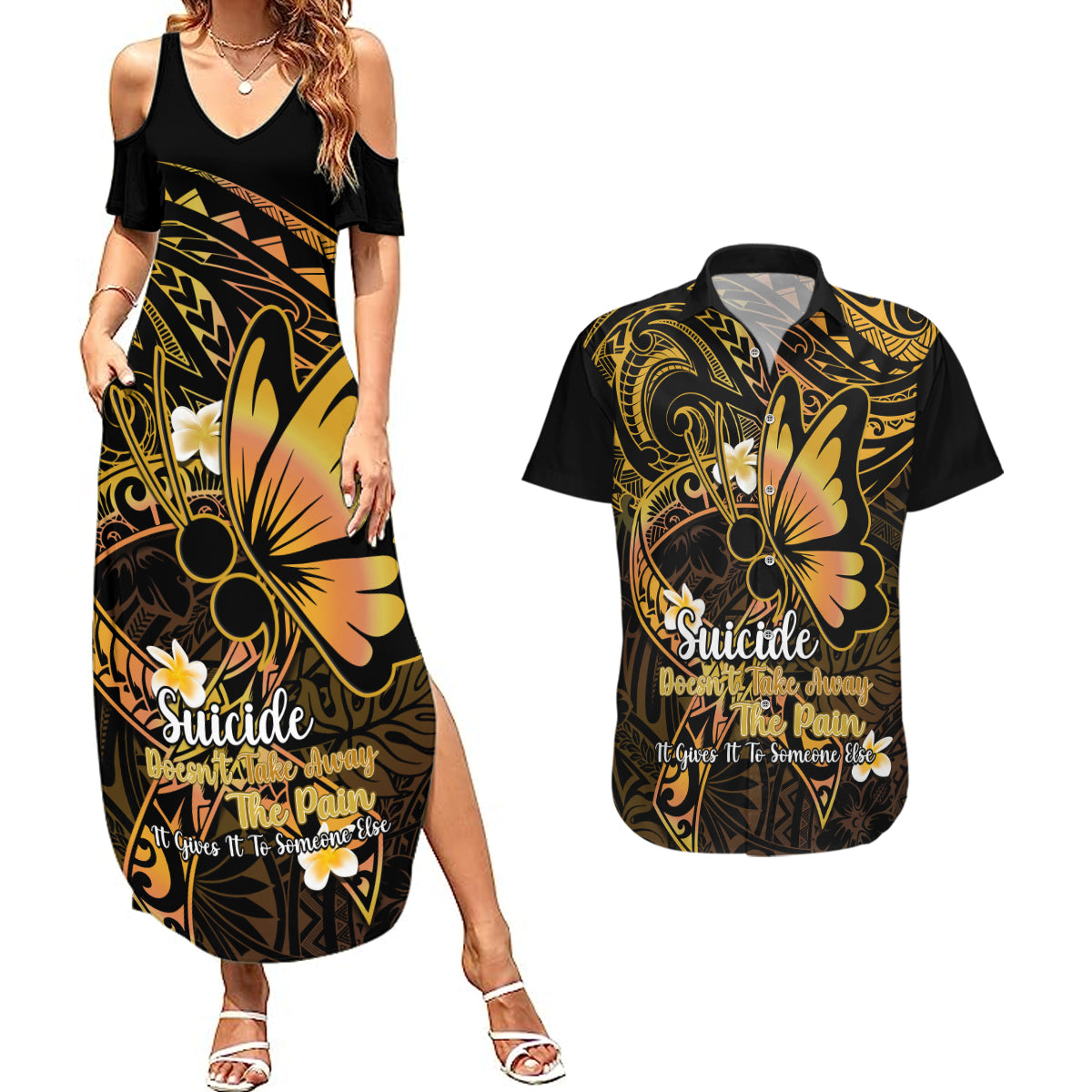 Polynesia Suicide Prevention Awareness Couples Matching Summer Maxi Dress and Hawaiian Shirt Your Life Is Worth Living For Polynesian Gold Pattern LT14 Gold - Polynesian Pride