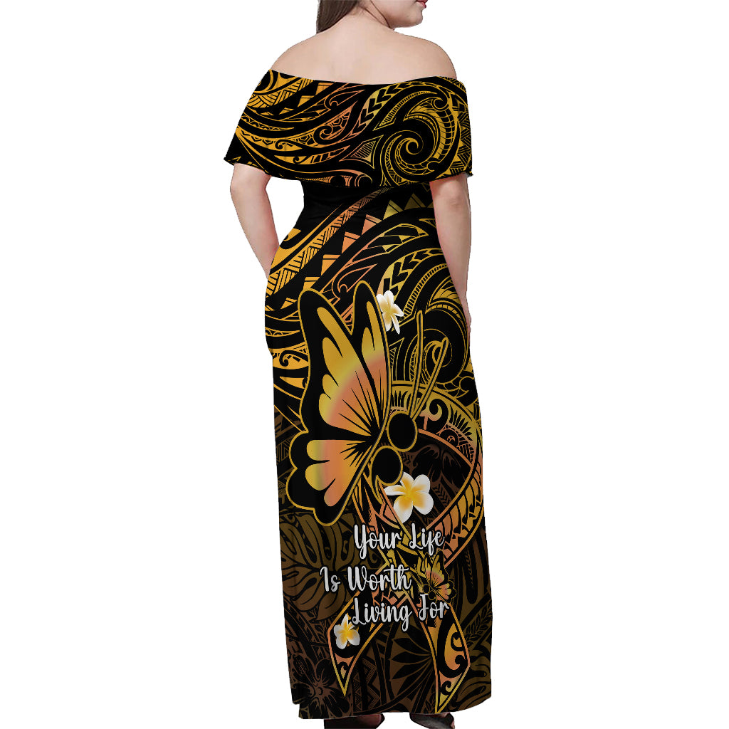 Polynesia Suicide Prevention Awareness Off Shoulder Maxi Dress Your Life Is Worth Living For Polynesian Gold Pattern LT14 - Polynesian Pride